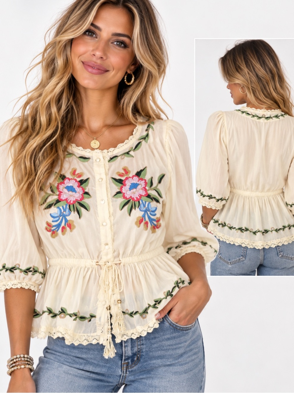 157.New Boho Embroidered Cream Peasant Blouse cotton